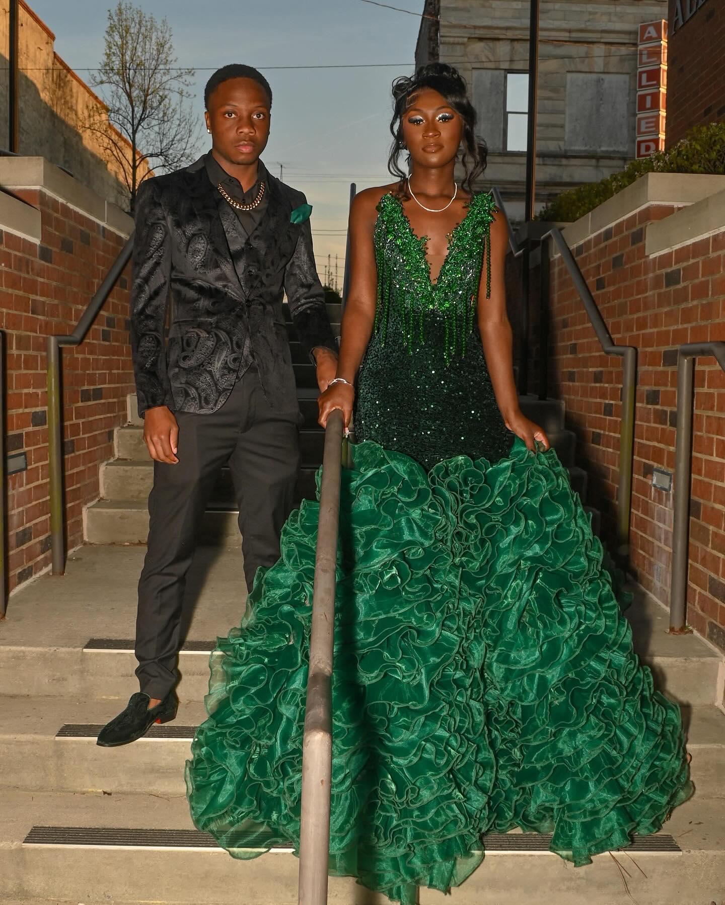 Emerald Forest Royale Sequin Mermaid Gown With Corset Back Cloud Ruffle Train