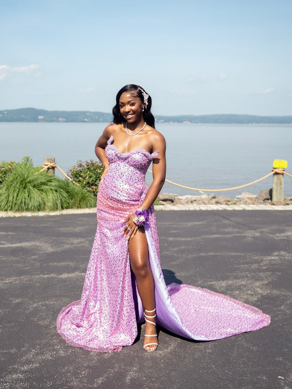 Digital Lavender Sequin Prom Dress Mermaid Gown Sweetheart Neckline High Slit