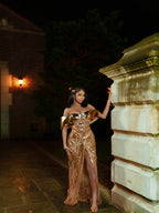 Liquid Gold Prom Dress Sculptural Wing Sleeve Mermaid Gown Chrome Bodice