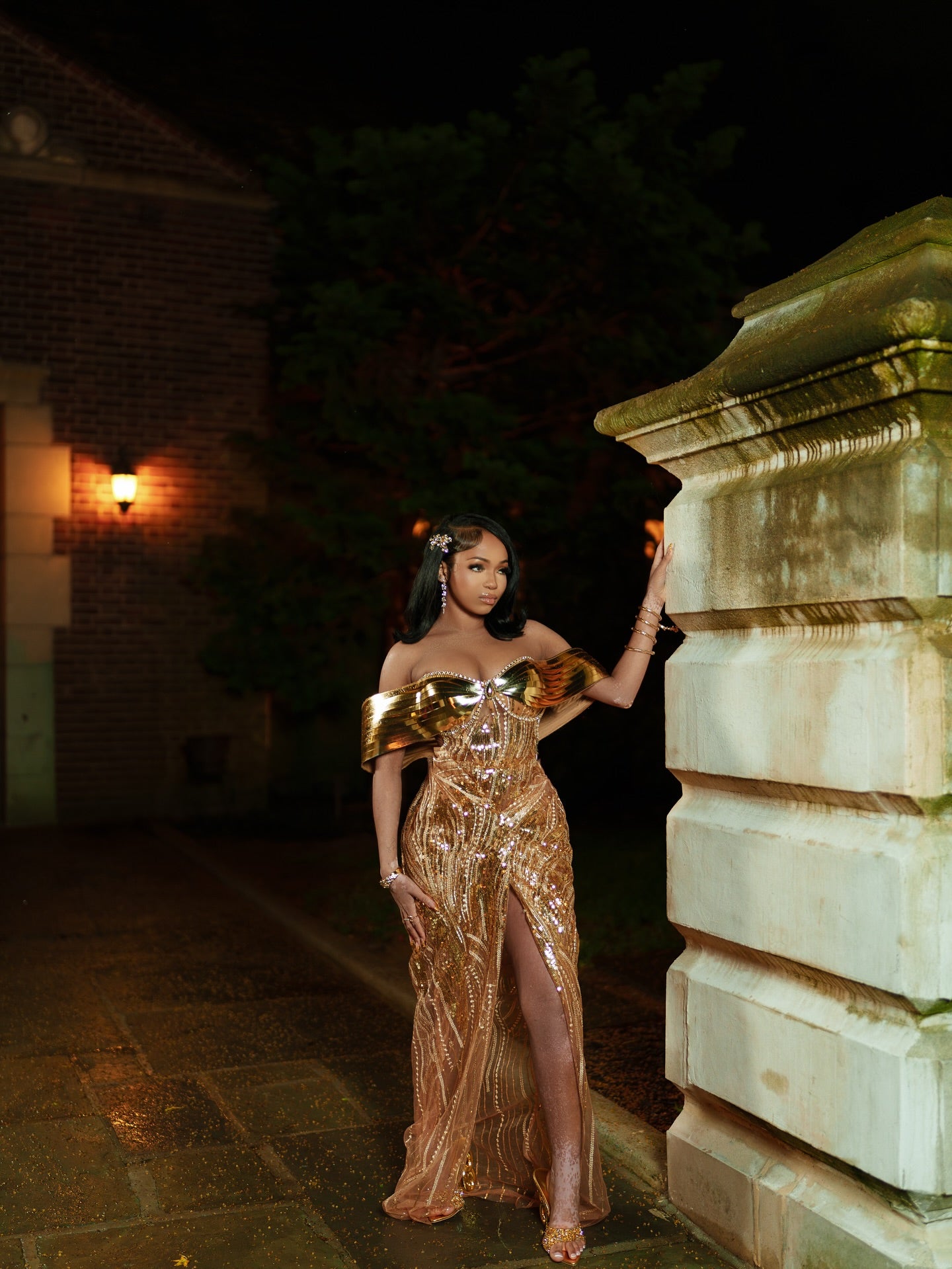 Liquid Gold Prom Dress Sculptural Wing Sleeve Mermaid Gown Chrome Bodice