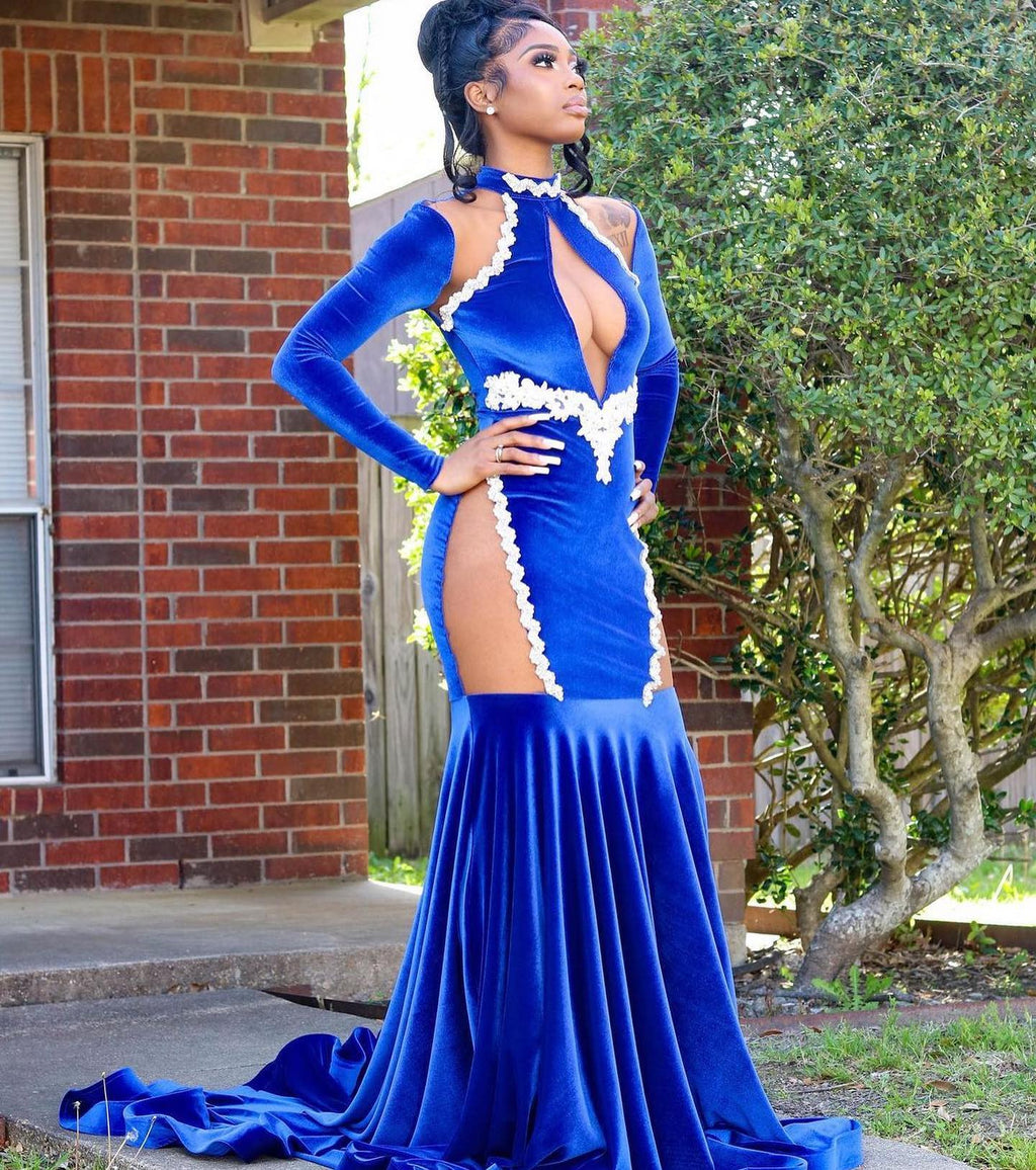 Sapphire Siren Royal Blue Velvet Mermaid Gown Crystal Vine Trim Illusion Cutouts