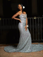 Silver Strapless Mermaid Prom Dress With Sequin Beaded Crystal Floral Bodice