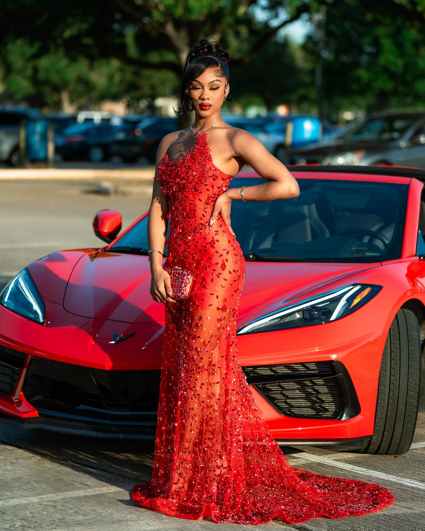 Red Sheer Illusion Beaded Mermaid Prom Dress With 3D Florals