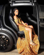 Golden Hour Glamour Beaded Fringe Mermaid Prom Dress Plunging Neckline