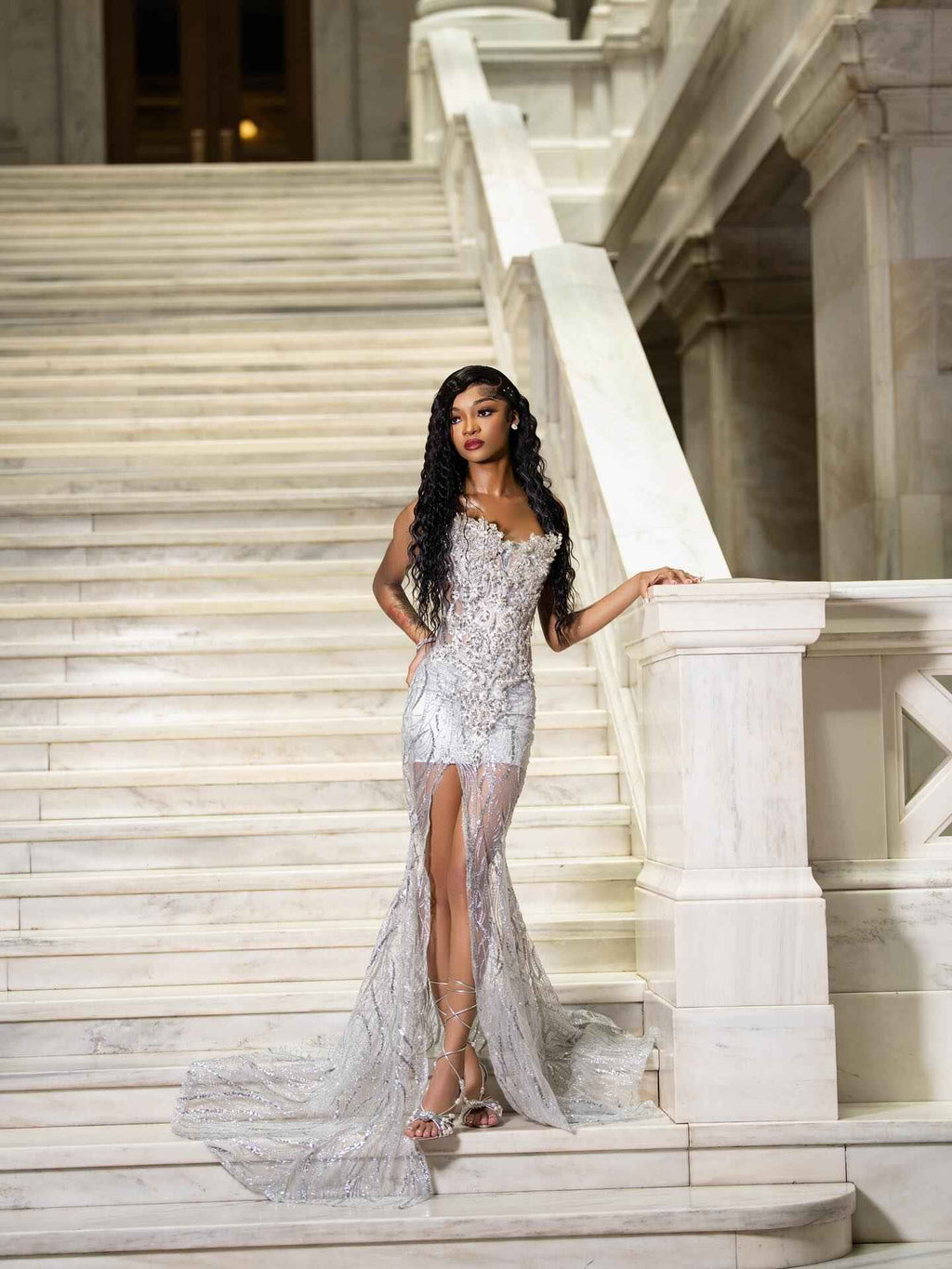 Silver Feather Crystal Beaded Illusion Evening Gown Sweetheart Neckline High Slit