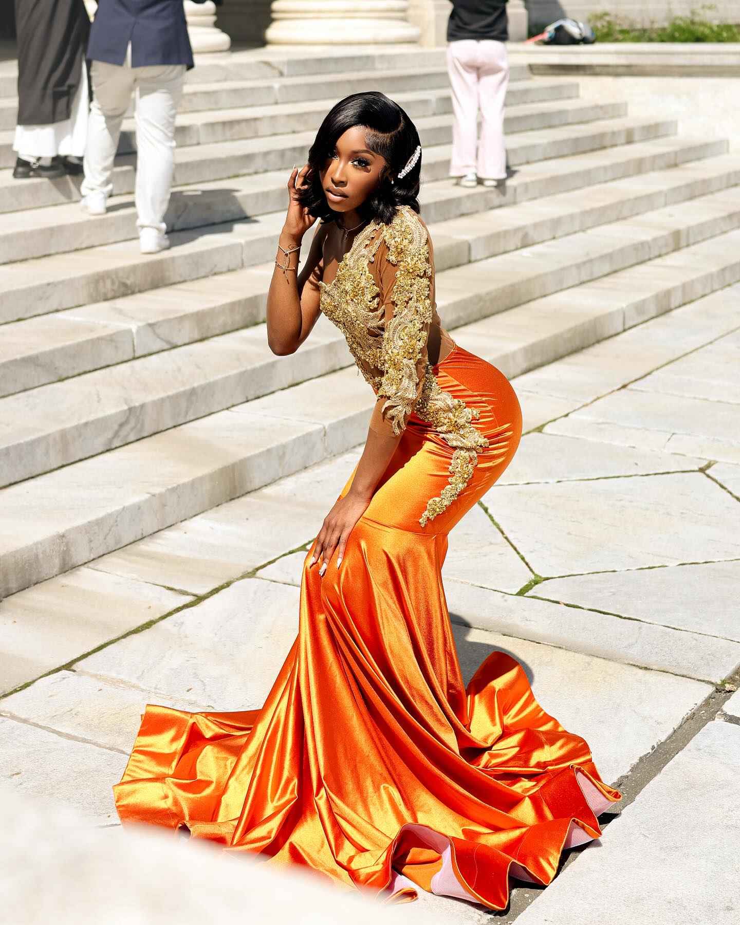Orange Ombre Satin Mermaid Gown One Shoulder Lace Appliques Illusion Bodice