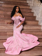 Pink Off Shoulder Sequin Beaded Mermaid Prom Dress With 3D Floral Details