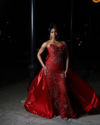 Red Mermaid Prom Dress With Detachable Satin Overskirt 3D Floral Beaded Corset
