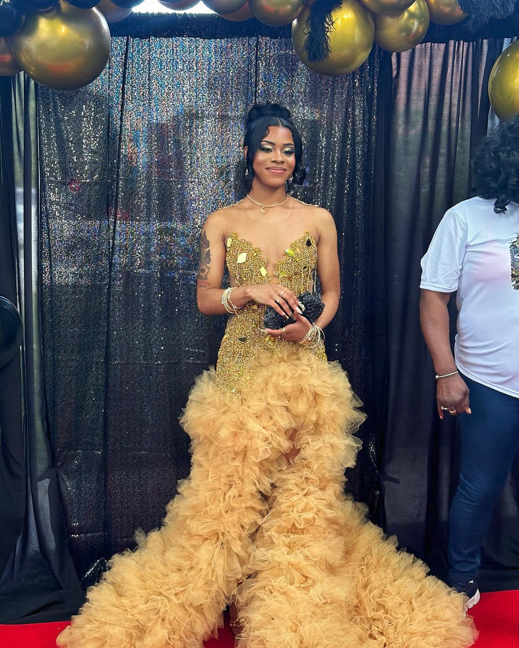 24K Goddess Gold Crystal Mermaid Prom Dress Illusion Bodice Ruffled Tulle 2026