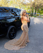 Champagne Star Crystal Beaded Prom Dress With 3D Florals And High Slit