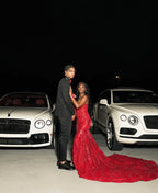 Ruby Heiress Hand Beaded Crimson Mermaid Gown With Crystal Encrusted Hooded Veil