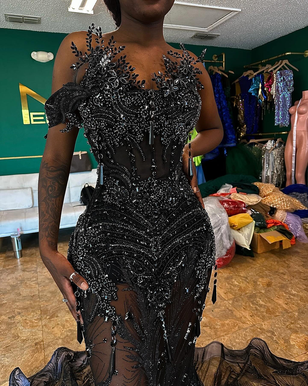 Black Beaded Mermaid Prom Dress With 3D Floral Appliques And Ruffle Train