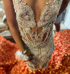 Orange Flame Crystal Beaded Mermaid Prom Dress With Massive 3D Petal Train