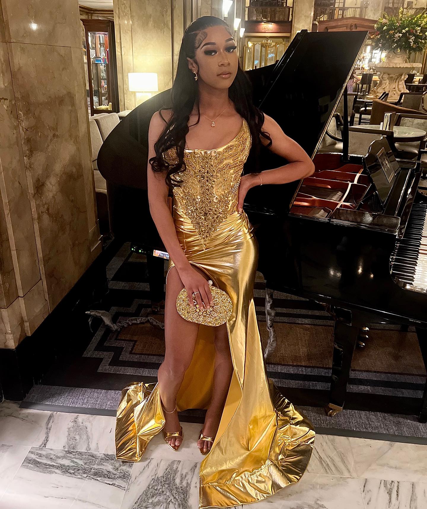 Golden Muse Beaded Satin Mermaid Prom Dress With High Slit