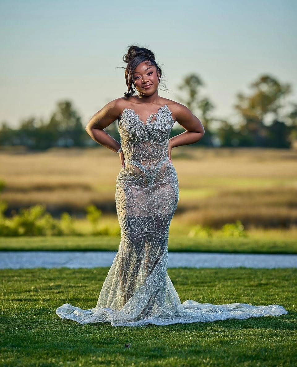 Art Deco Beaded Prom Dress With Lace Up Back And 3D Florals