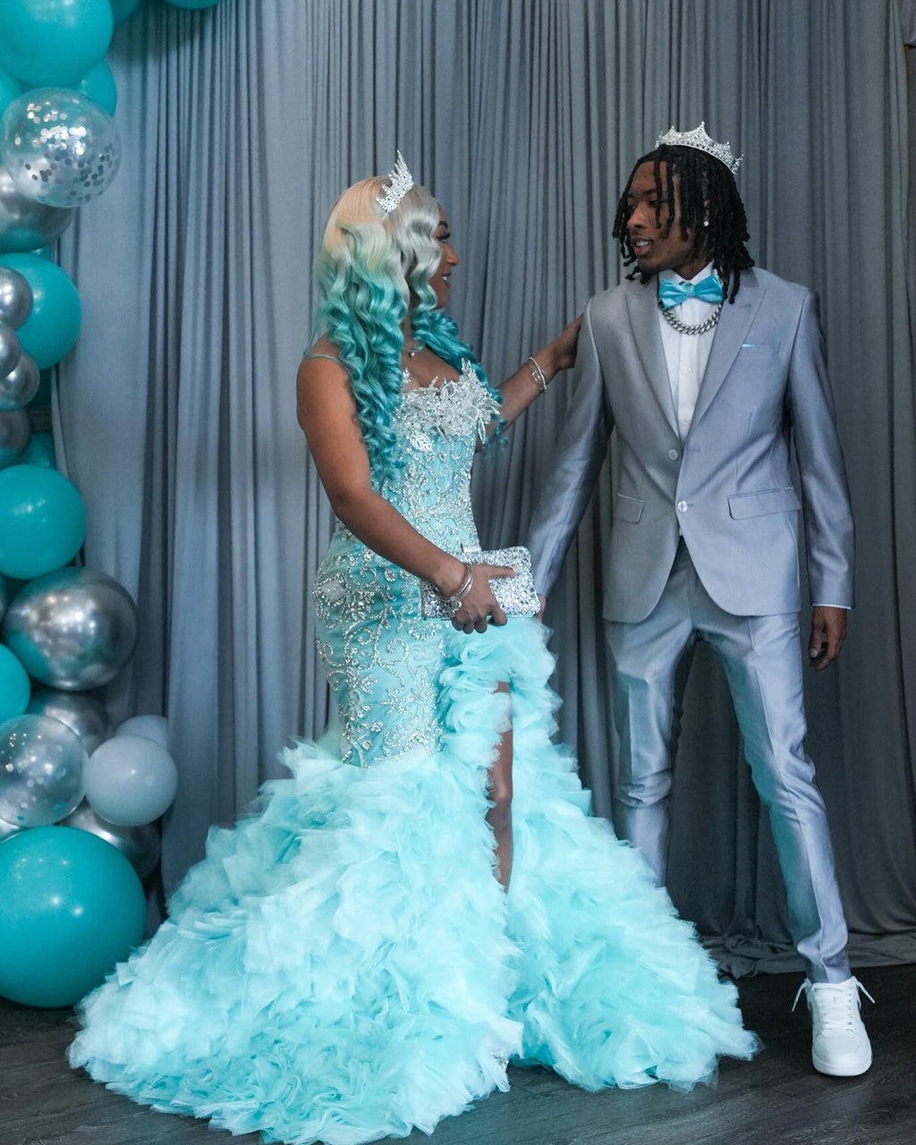 Tiffany Blue Crystal Mermaid Gown With 3D Leaf Bodice And Tiered Prom Dress