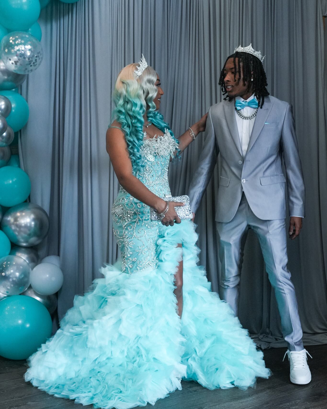 Tiffany Blue Crystal Mermaid Gown With 3D Leaf Bodice And Tiered Prom Dress