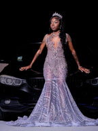 Lavender Mermaid Prom Dress Sheer Sequin Beaded Crystal Fringe Gown