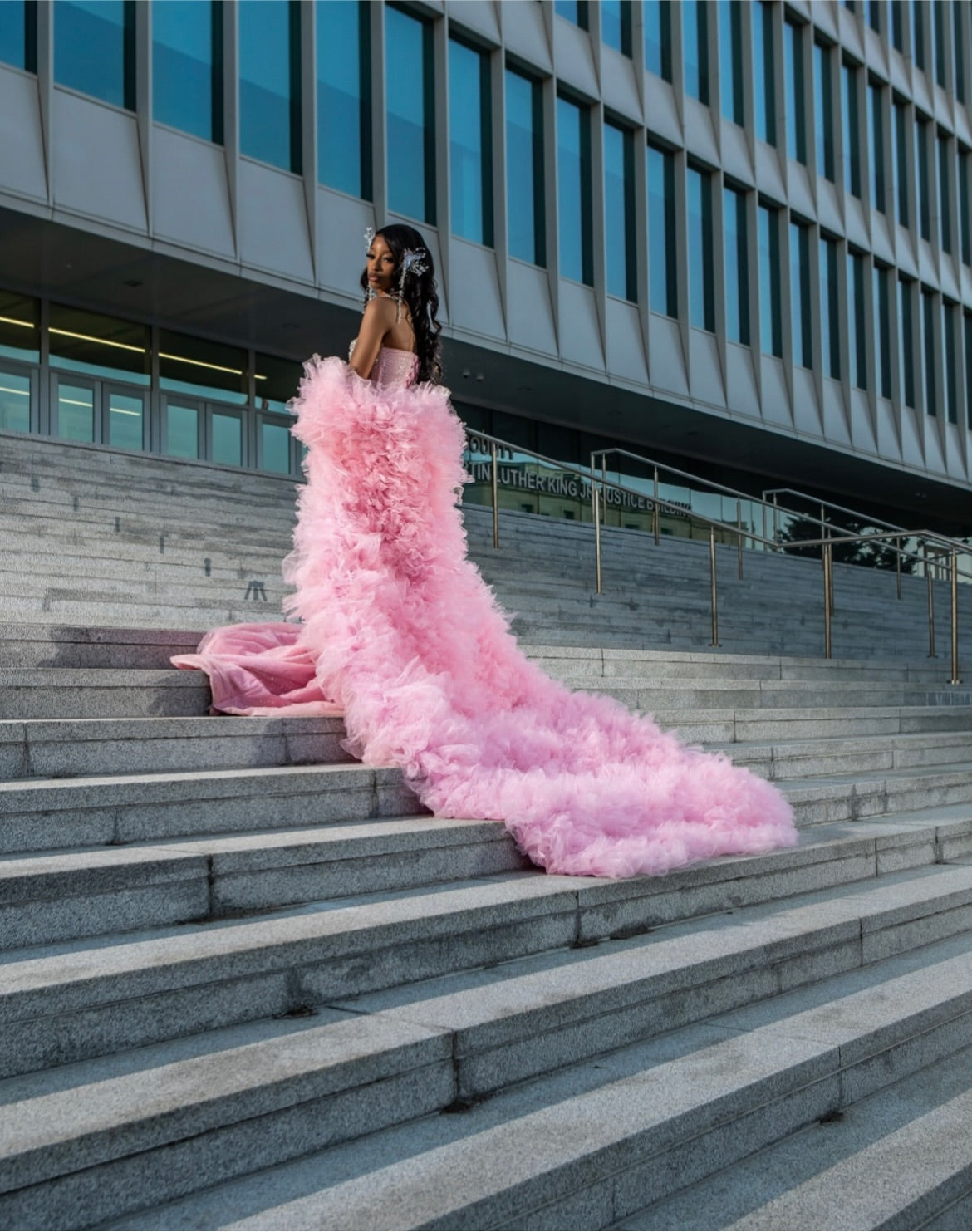 Blush Pink Mermaid Gown With Crystal Beaded And Tulle Overskirt