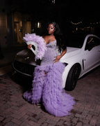 Lavender Purple Crystal Mermaid Gown Sweetheart Neckline And Feather Sleeves