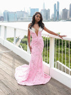 Blush Pink Off Shoulder Beaded Mermaid Gown With Appliques Cathedral Train
