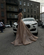 Rose Gold Beaded Mermaid Prom Dress With Long Sleeves And High Slit