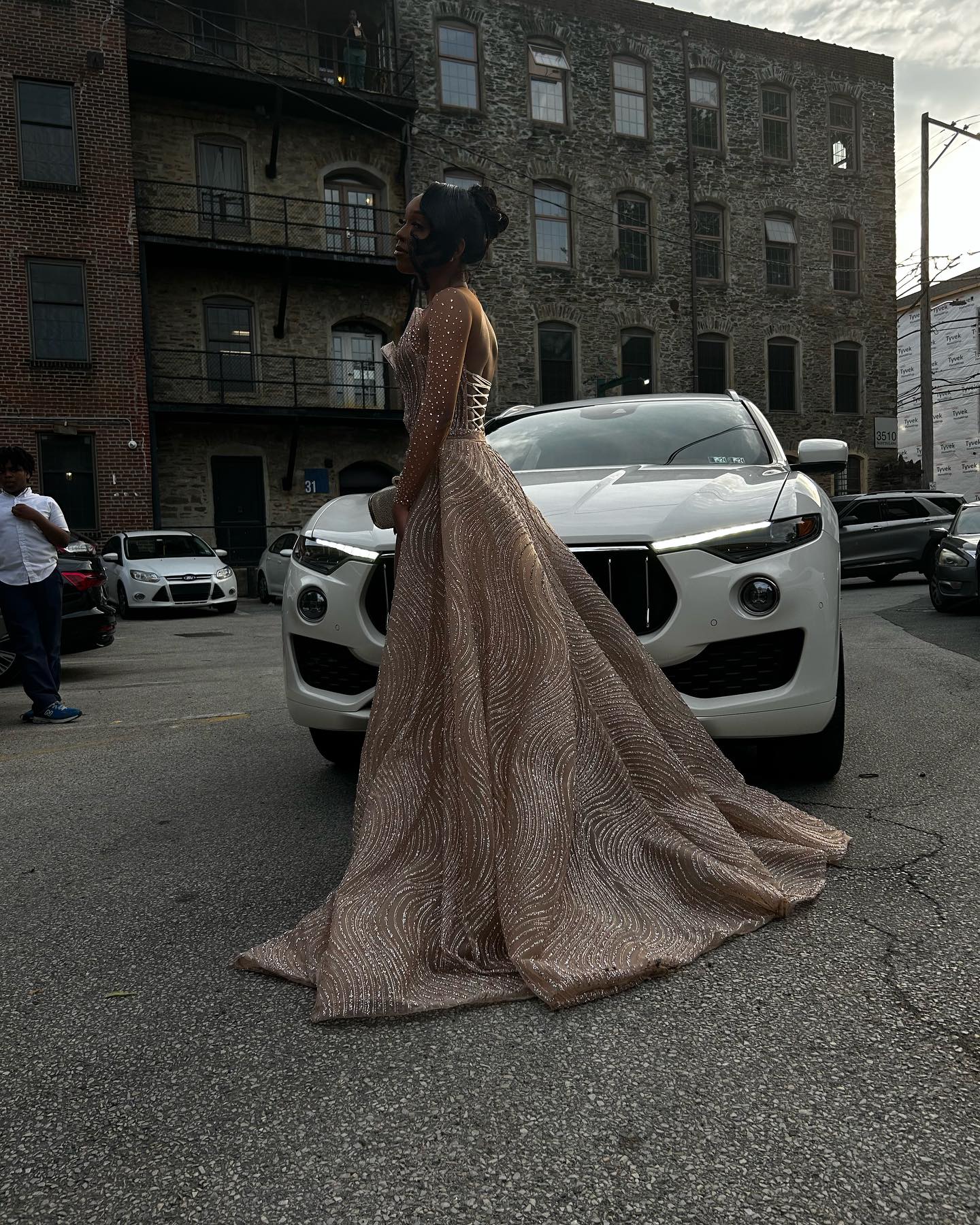Rose Gold Beaded Mermaid Prom Dress With Long Sleeves And High Slit