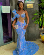 Blue Butterfly Beaded Mermaid Gown With One Shoulder Lace Applique