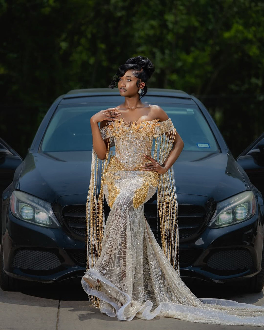 Champagne Gold Beaded Mermaid Gown Off Shoulder Dramatic Fringe Cape Mesh Panels