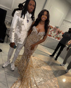 Champagne Elegance Crystal Pearl Beaded Mermaid Gown 3D Floral Lace Neckline