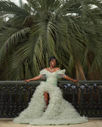Mint Green Off Shoulder Sequin Beaded Prom Dress With 3D Leaf Applique Train