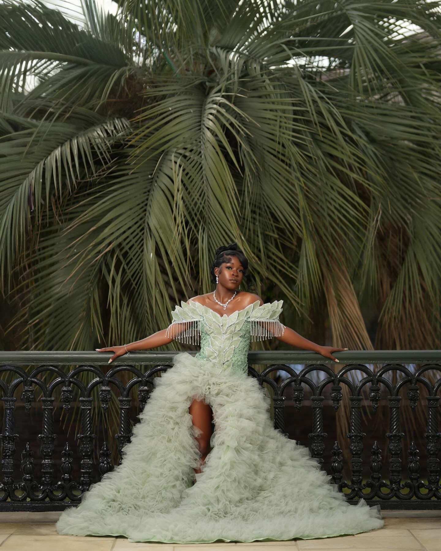 Mint Green Off Shoulder Sequin Beaded Prom Dress With 3D Leaf Applique Train