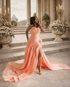 Coral Sunset Draped Satin Mermaid Prom Dress With High Slit
