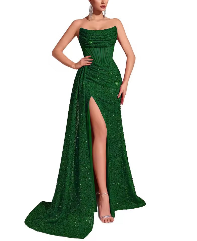 Vestido de Noite de Sereia com Lantejoulas Sem Alças | Vestido de Baile com Corpete Franzido e Fenda