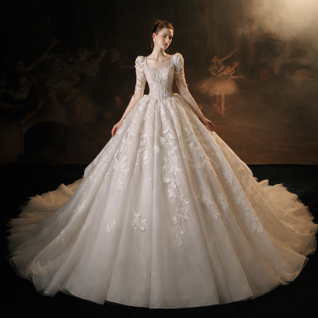 2026 New Court Wedding Dress, Long Sleeve Lace Lace-up Big Train, Bridal Main Wedding Gown