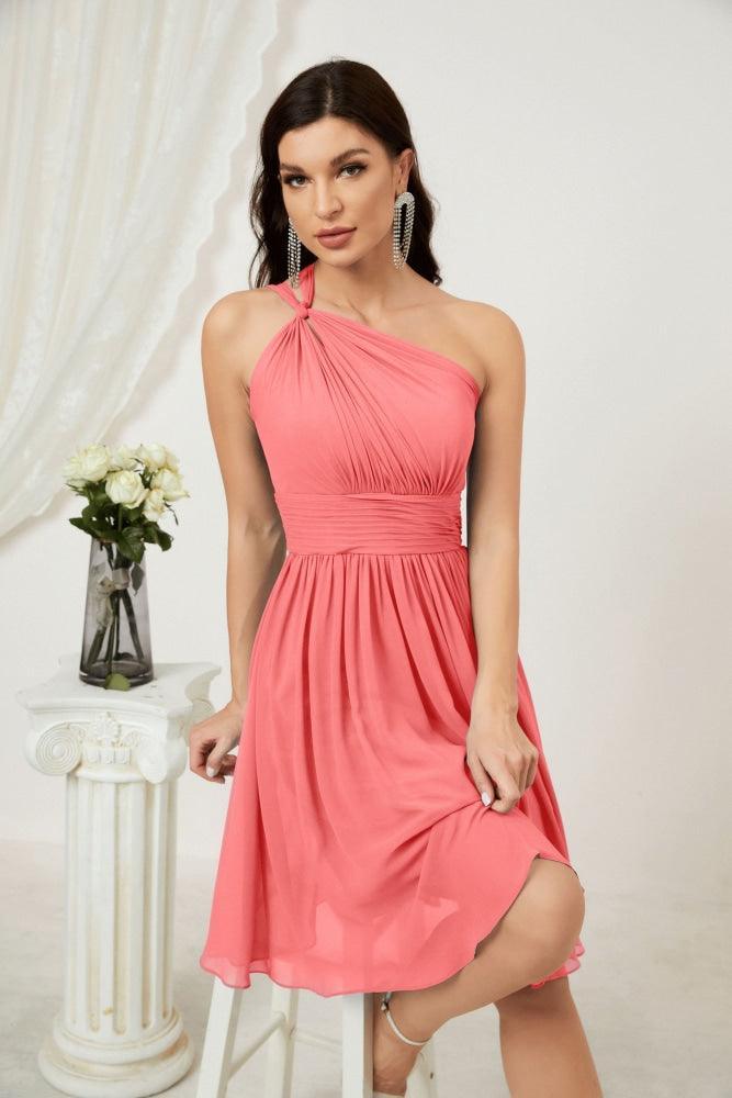 Vestido de Noiva de Ombro Único em Chiffon Curto para Damas de Honra, Vestidos Formais para Festas e Baile de Finalistas 2804