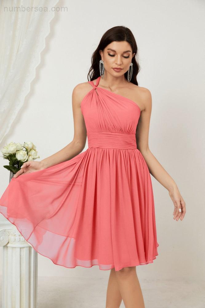 Numbersea Damen Chiffon Kurzes Ein-Schulter Brautjungfernkleid Festliche Kleider für Feier Heimkehr 2804