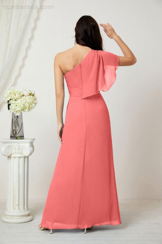 Abito da Sera Formale A-line con Spalla Singola e Balze in Chiffon, Spacco Laterale, per Damigelle, Modello 2809