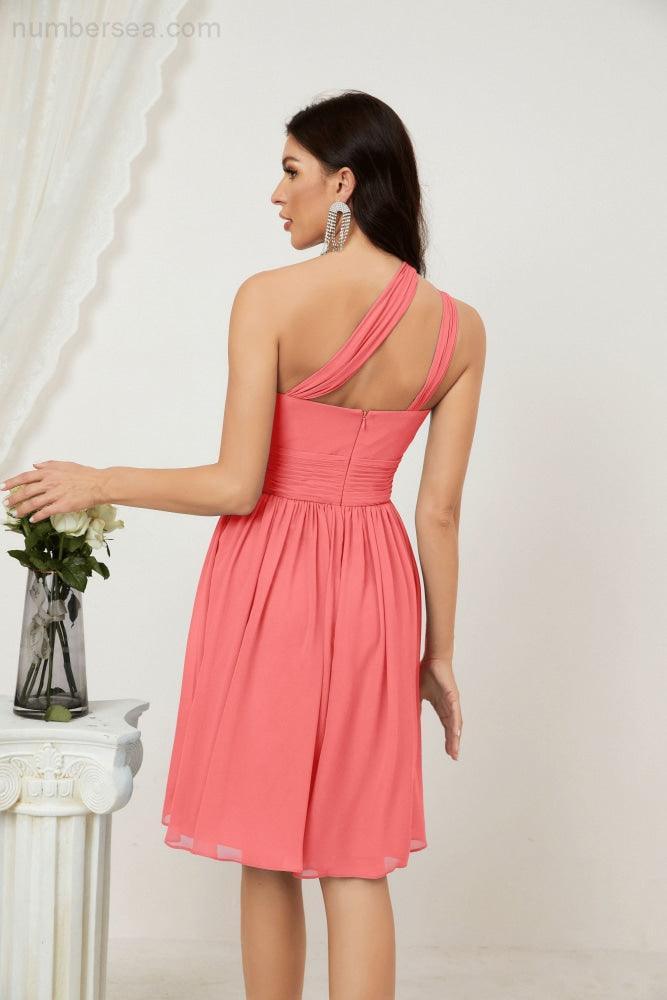 Numbersea Damen Chiffon Kurzes Ein-Schulter Brautjungfernkleid Festliche Kleider für Feier Heimkehr 2804
