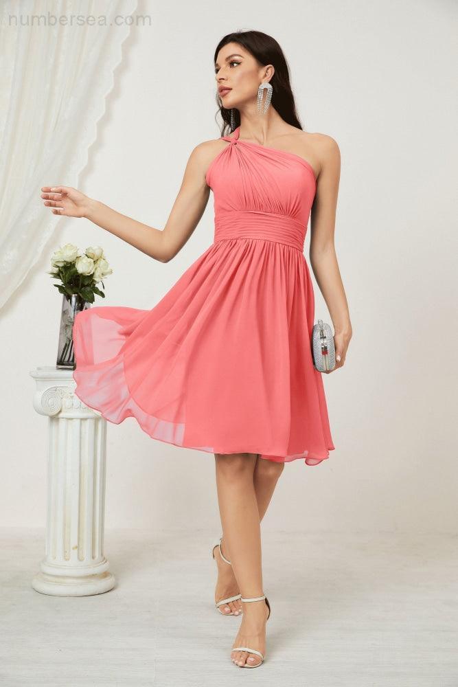 Numbersea Damen Chiffon Kurzes Ein-Schulter Brautjungfernkleid Festliche Kleider für Feier Heimkehr 2804