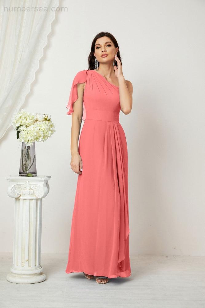 Abito da Sera Formale A-line con Spalla Singola e Balze in Chiffon, Spacco Laterale, per Damigelle, Modello 2809