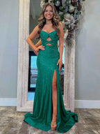 Light Yellow Mermaid Strapless Beaded Prom Dress With Keyholes