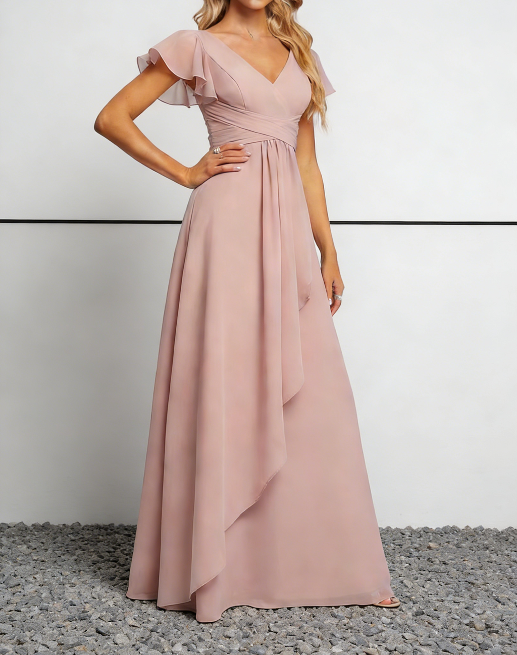 Robe longue en mousseline rose poussiéreux à col en V avec manches volantées et corsage froncé