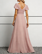 Robe longue en mousseline rose poussiéreux à col en V avec manches volantées et corsage froncé