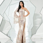 Elegant Sexy Long Sequined Long Sleeve Diagonal Collar Backless Cocktail Evening Dress Bridesmaid Dress Women