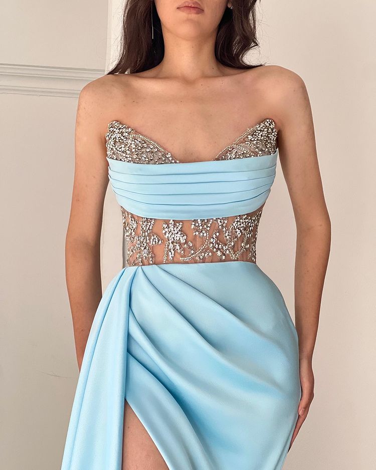 Sky Blue Long Strapless Beadings Mermaid Prom Dress With Split