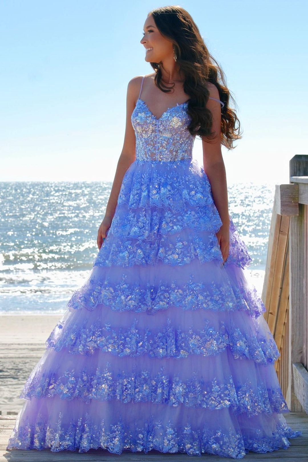 A Line Spaghetti Straps Tiered Lace Prom Dress