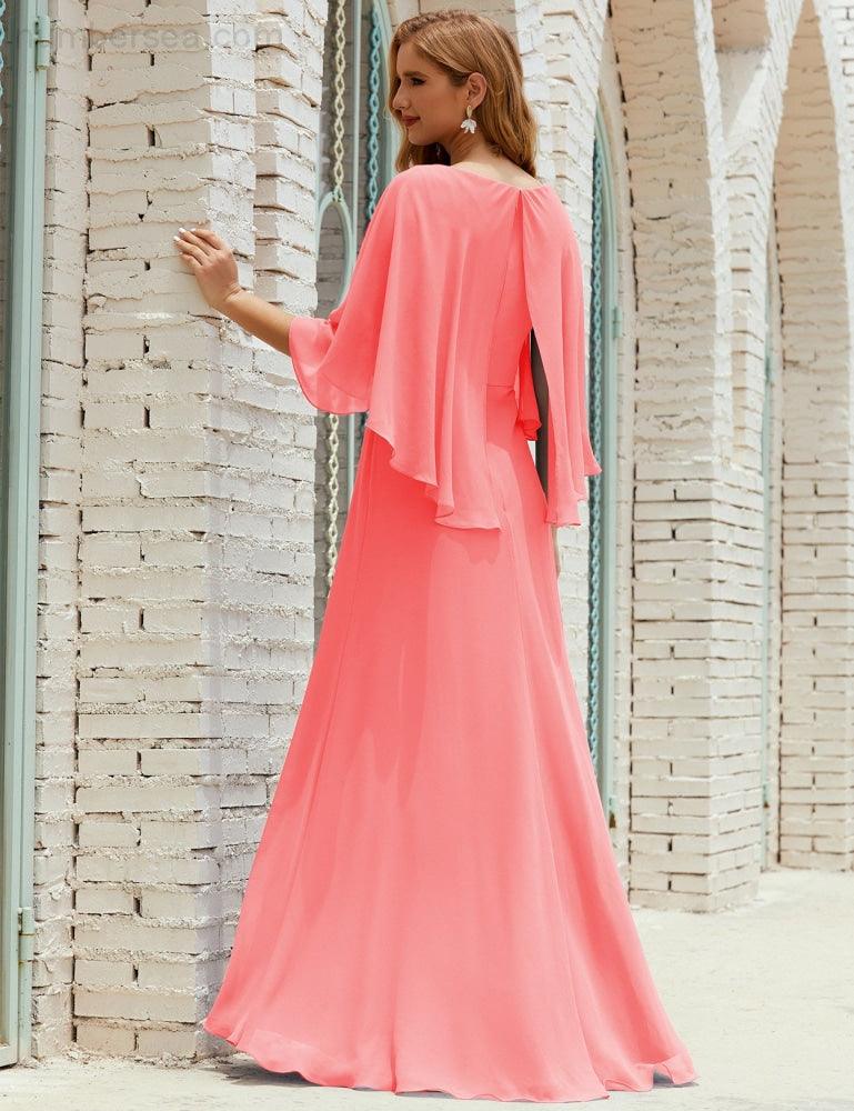 Abito da Damigella Donna Manica Lunga Scollatura a V Chiffon Abito da Cerimonia Matrimonio Festa 28018