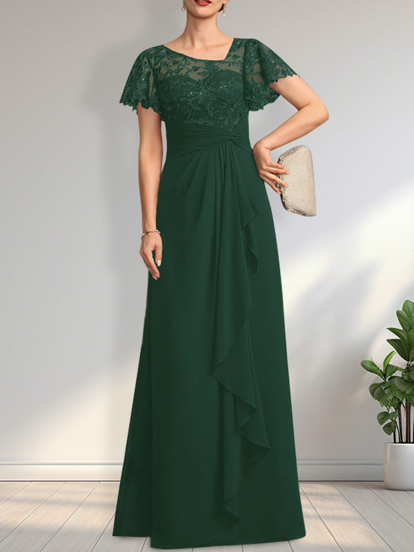 Robe de mère de la mariée en dentelle et mousseline, longueur au sol, illusion asymétrique en ligne A, avec volants en cascade et paillettes