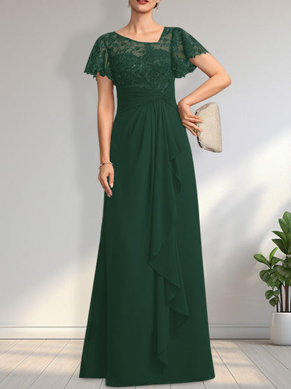 Vestido de madre de la novia de gasa con encaje, ilusión asimétrica, largo hasta el suelo, con volantes en cascada y lentejuelas. 